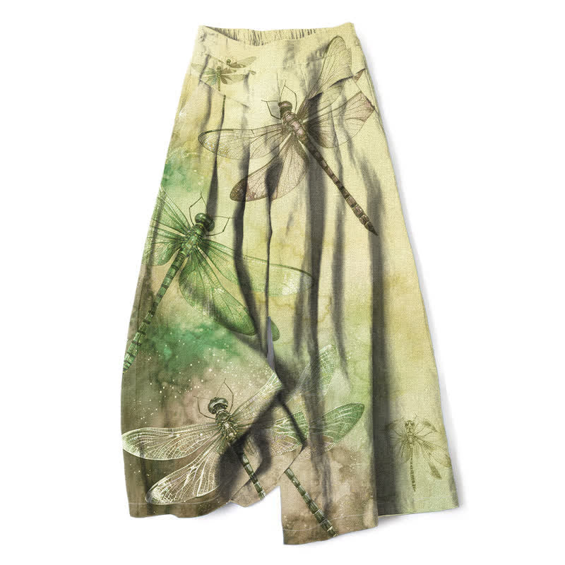Buddha Stones Cotton Linen Watercolor Dragonfly Pattern Women's Elastic Waist Wide Leg Pants With Pockets - Khaki - US16，UK/AU20，EU48 (3XL) - image 5