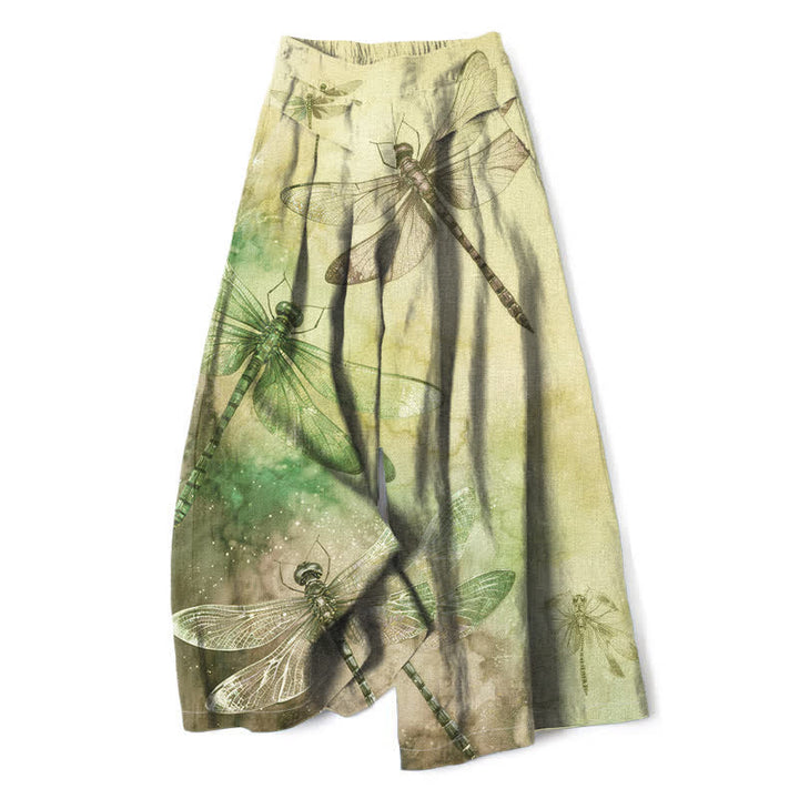 Buddha Stones Cotton Linen Watercolor Dragonfly Pattern Women's Elastic Waist Wide Leg Pants With Pockets - Khaki - US16，UK/AU20，EU48 (3XL) - image 5