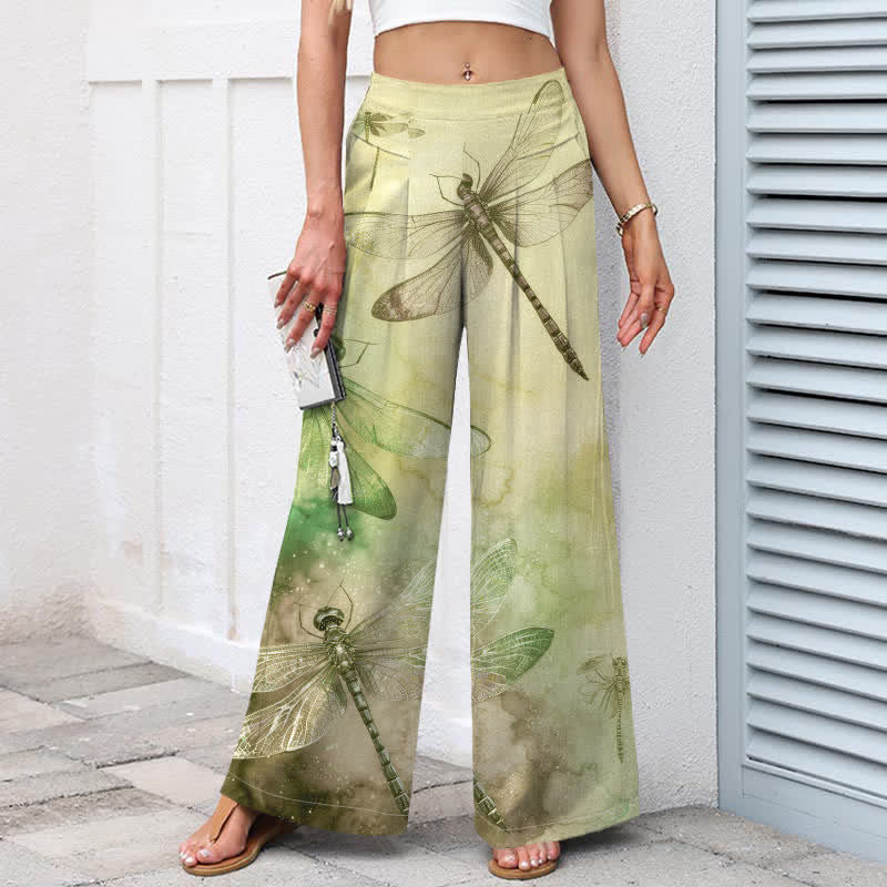 Buddha Stones Cotton Linen Watercolor Dragonfly Pattern Women's Elastic Waist Wide Leg Pants With Pockets - image 6