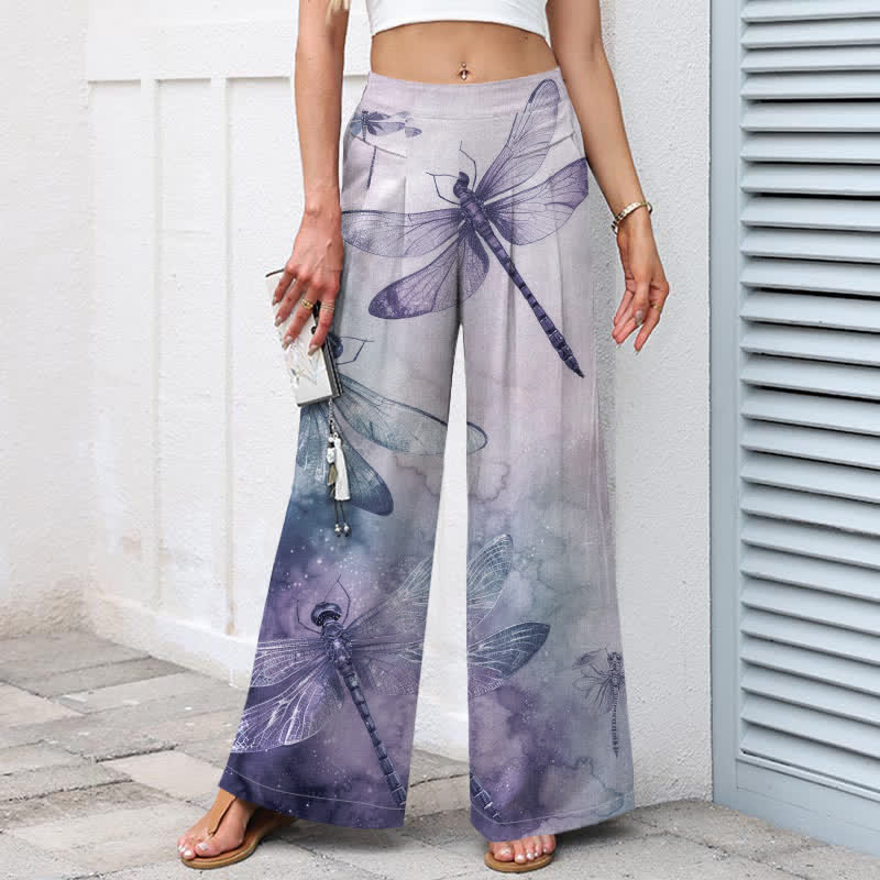 Buddha Stones Cotton Linen Watercolor Dragonfly Pattern Women's Elastic Waist Wide Leg Pants With Pockets - image 8