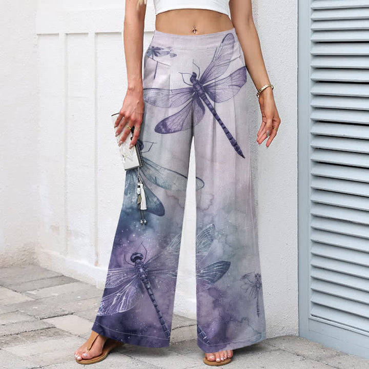 Buddha Stones Cotton Linen Watercolor Dragonfly Pattern Women's Elastic Waist Wide Leg Pants With Pockets - image 8