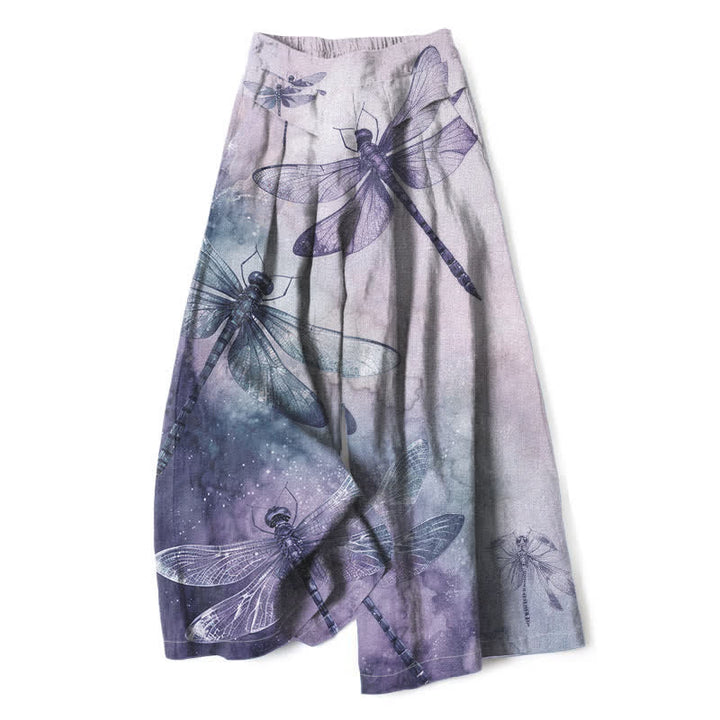 Buddha Stones Cotton Linen Watercolor Dragonfly Pattern Women's Elastic Waist Wide Leg Pants With Pockets - Lavender - US16，UK/AU20，EU48 (3XL) - image 7