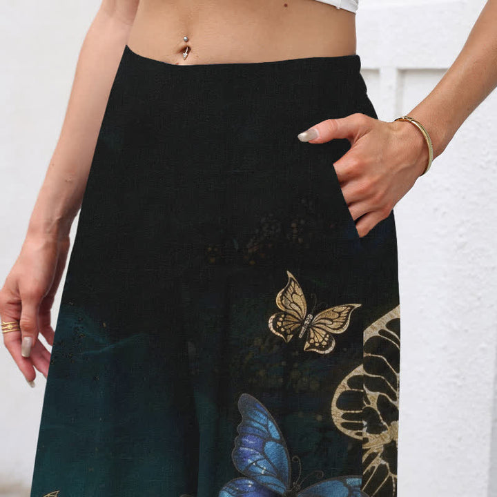 Buddha Stones Cotton Linen Butterfly Pattern Women's Elastic Waist Wide Leg Pants With Pockets - image 2