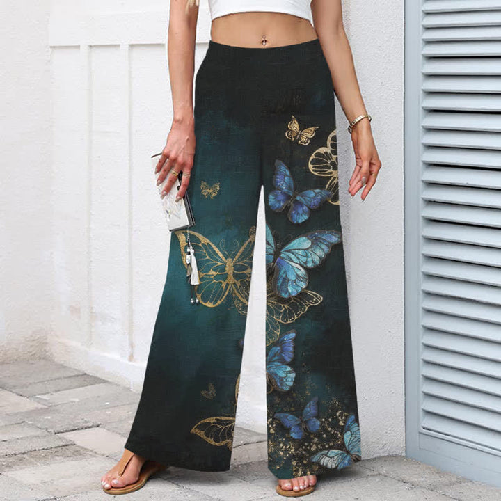 Buddha Stones Cotton Linen Butterfly Pattern Women's Elastic Waist Wide Leg Pants With Pockets - image 1