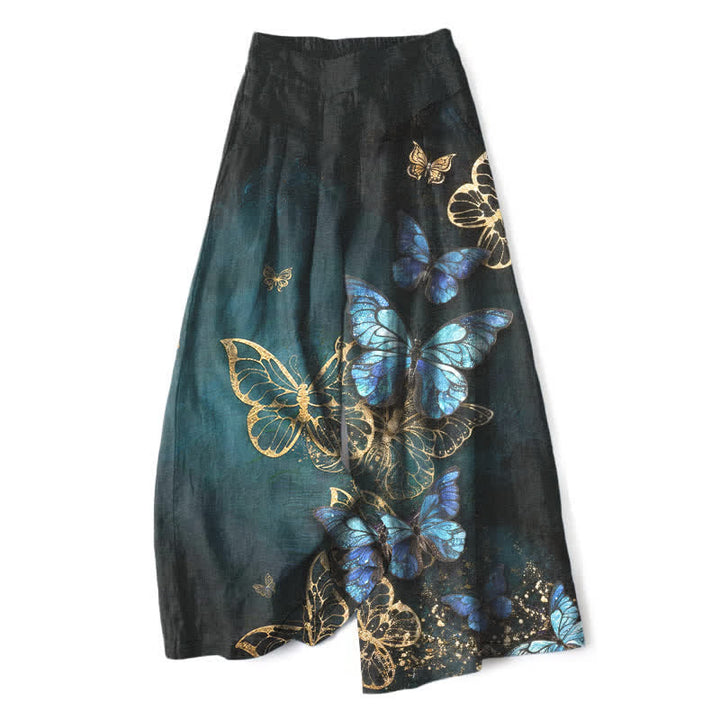 Buddha Stones Cotton Linen Butterfly Pattern Women's Elastic Waist Wide Leg Pants With Pockets - Black - US16，UK/AU20，EU48 (3XL) - image 0