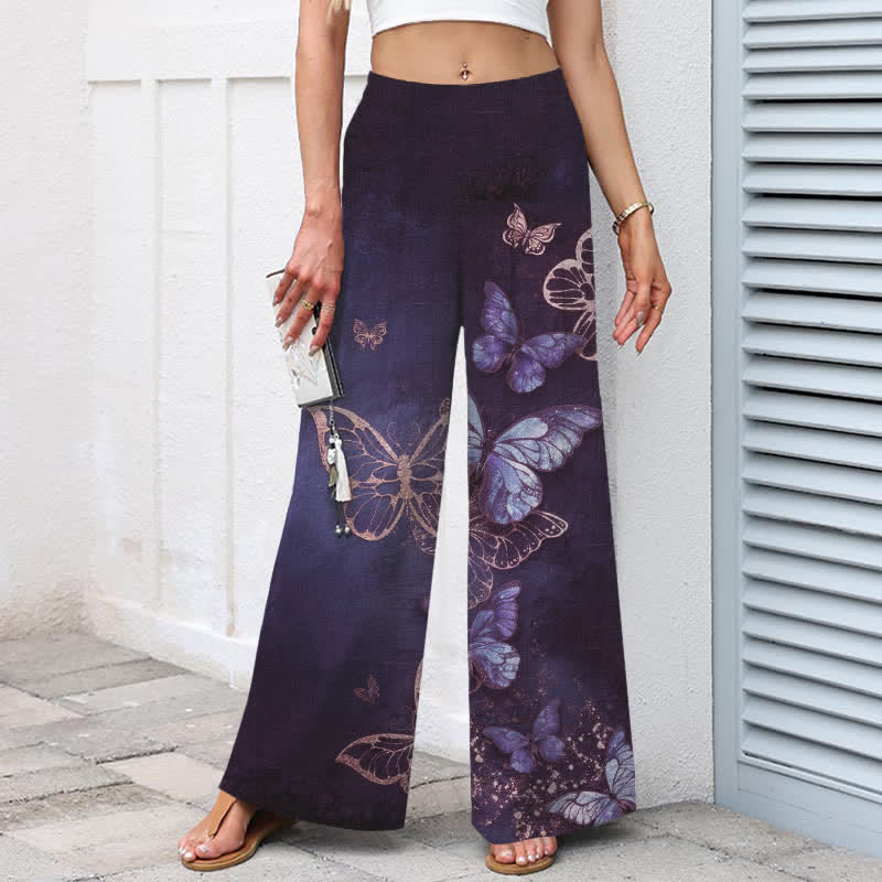 Buddha Stones Cotton Linen Butterfly Pattern Women's Elastic Waist Wide Leg Pants With Pockets - image 6