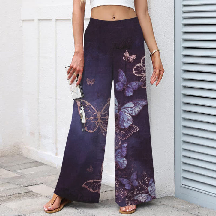 Buddha Stones Cotton Linen Butterfly Pattern Women's Elastic Waist Wide Leg Pants With Pockets - image 6