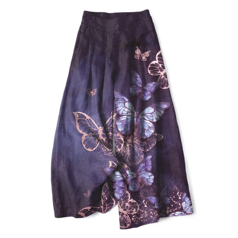 Buddha Stones Cotton Linen Butterfly Pattern Women's Elastic Waist Wide Leg Pants With Pockets - Indigo - US16，UK/AU20，EU48 (3XL) - image 5