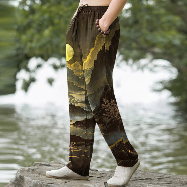 Buddha Stones Cotton Golden Mountain At Sunrise Pattern Men's Tapered Pants With Pockets - image 5