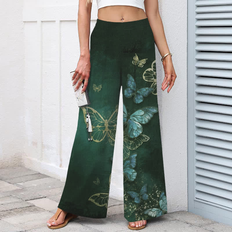Buddha Stones Cotton Linen Butterfly Pattern Women's Elastic Waist Wide Leg Pants With Pockets - image 8