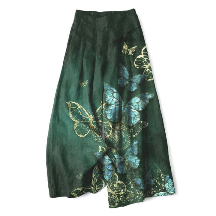 Buddha Stones Cotton Linen Butterfly Pattern Women's Elastic Waist Wide Leg Pants With Pockets - ForestGreen - US16，UK/AU20，EU48 (3XL) - image 7