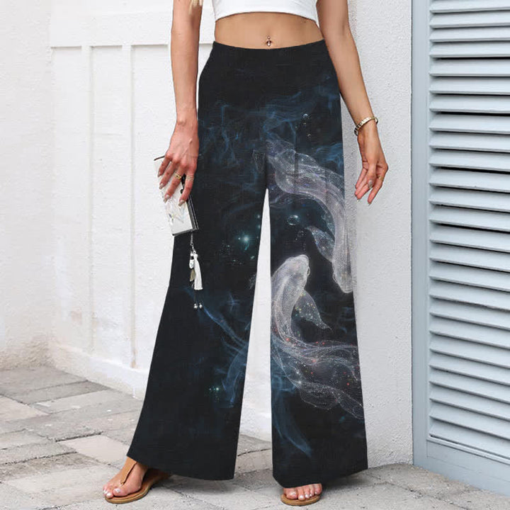 Buddha Stones Cotton Linen Mystic Fish Pattern Women's Elastic Waist Wide Leg Pants With Pockets - image 1