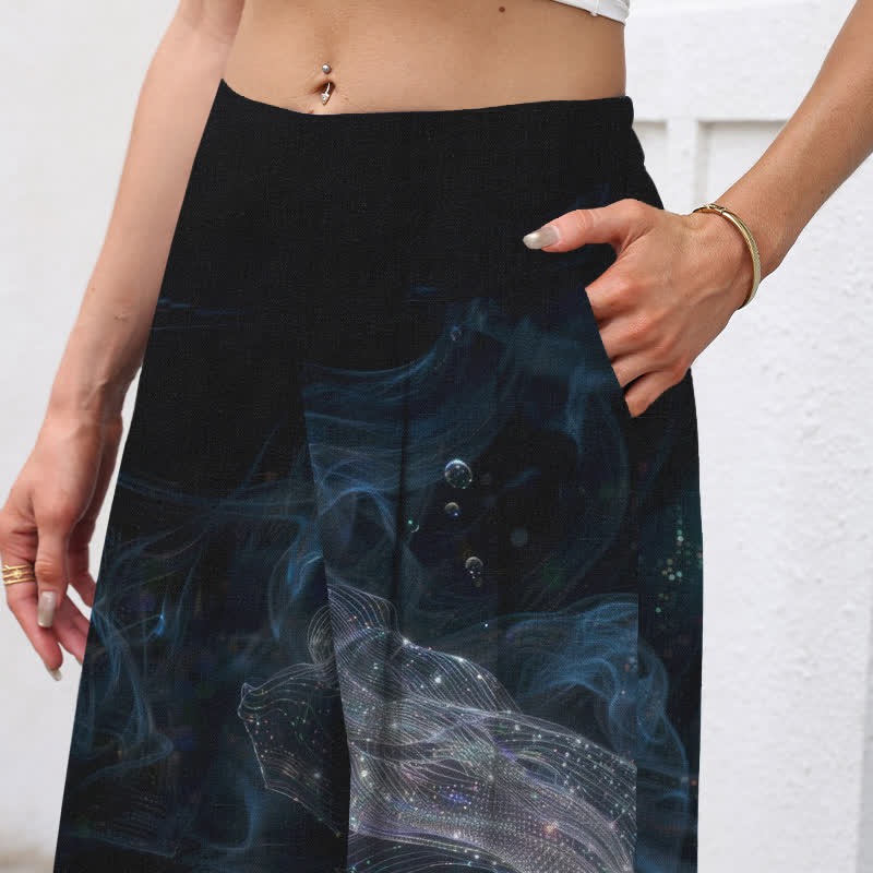 Buddha Stones Cotton Linen Mystic Fish Pattern Women's Elastic Waist Wide Leg Pants With Pockets - image 2