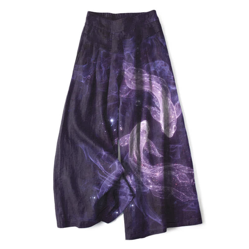 Buddha Stones Cotton Linen Mystic Fish Pattern Women's Elastic Waist Wide Leg Pants With Pockets - Indigo - US16，UK/AU20，EU48 (3XL) - image 5