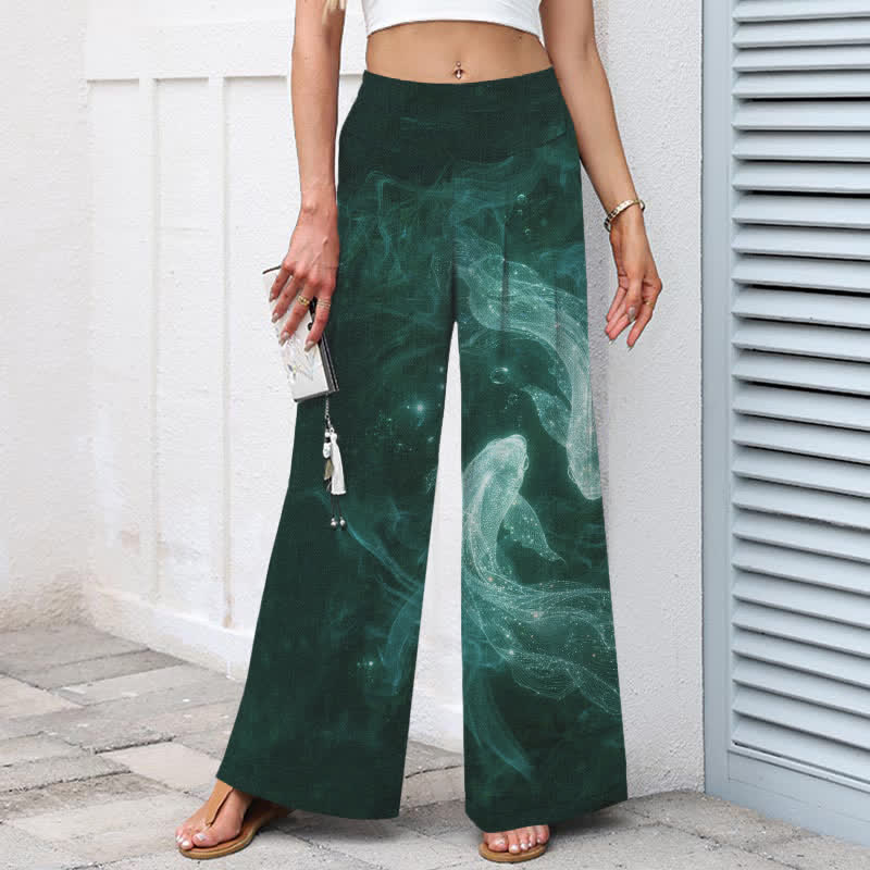 Buddha Stones Cotton Linen Mystic Fish Pattern Women's Elastic Waist Wide Leg Pants With Pockets - image 8