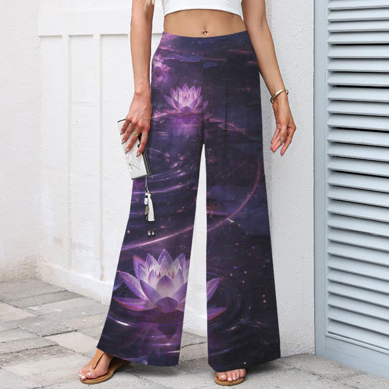 Buddha Stones Cotton Linen Lotus Galaxy Pattern Women's Elastic Waist Wide Leg Pants With Pockets - image 1