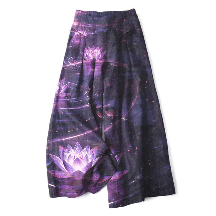 Buddha Stones Cotton Linen Lotus Galaxy Pattern Women's Elastic Waist Wide Leg Pants With Pockets - Indigo - US16，UK/AU20，EU48 (3XL) - image 0