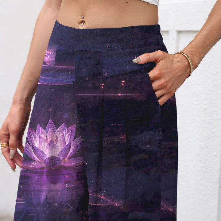 Buddha Stones Cotton Linen Lotus Galaxy Pattern Women's Elastic Waist Wide Leg Pants With Pockets - image 2