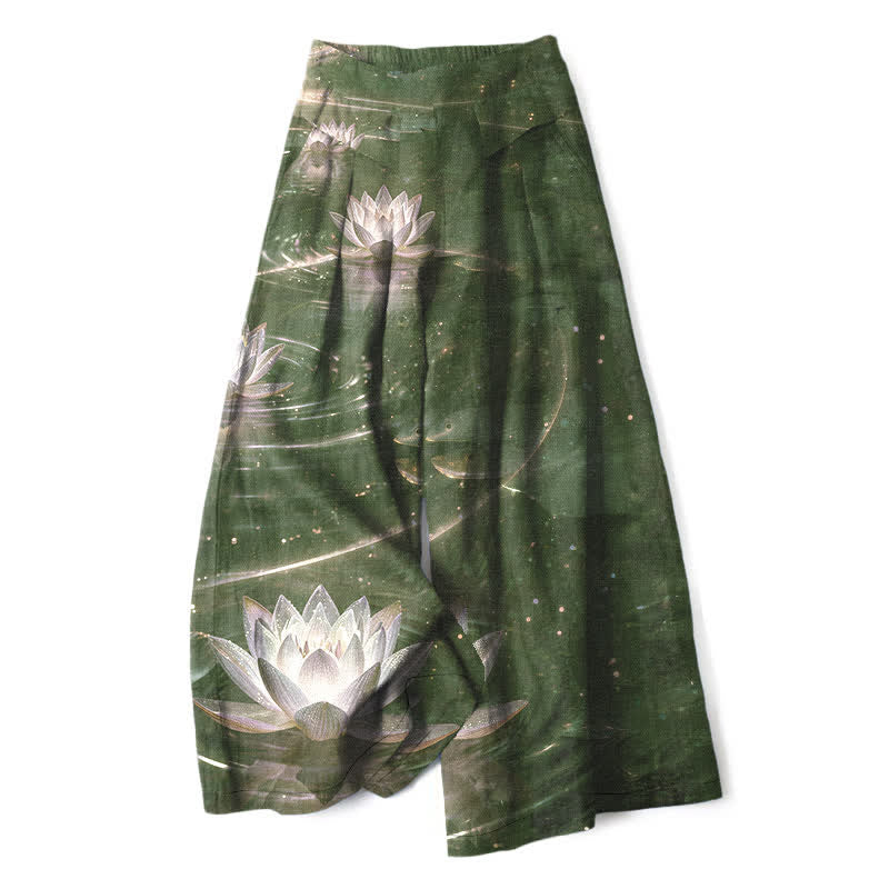 Buddha Stones Cotton Linen Lotus Galaxy Pattern Women's Elastic Waist Wide Leg Pants With Pockets - DarkOliveGreen - US16，UK/AU20，EU48 (3XL) - image 5