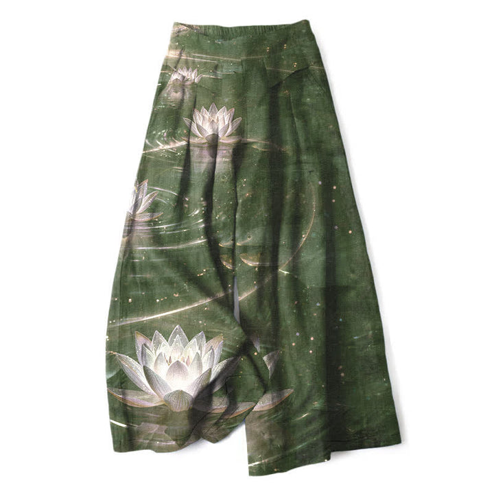 Buddha Stones Cotton Linen Lotus Galaxy Pattern Women's Elastic Waist Wide Leg Pants With Pockets - DarkOliveGreen - US16，UK/AU20，EU48 (3XL) - image 5
