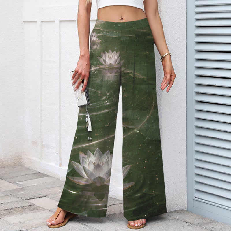 Buddha Stones Cotton Linen Lotus Galaxy Pattern Women's Elastic Waist Wide Leg Pants With Pockets - image 6