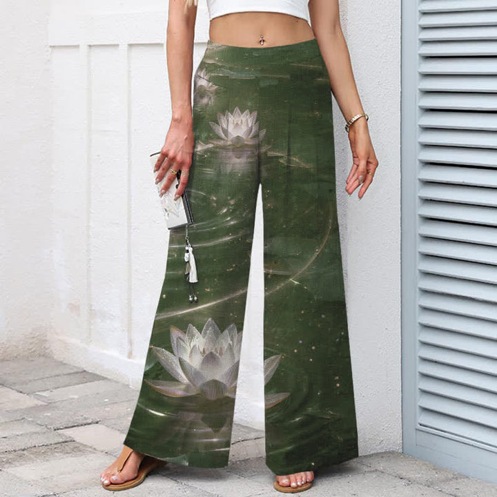 Buddha Stones Cotton Linen Lotus Galaxy Pattern Women's Elastic Waist Wide Leg Pants With Pockets - image 6