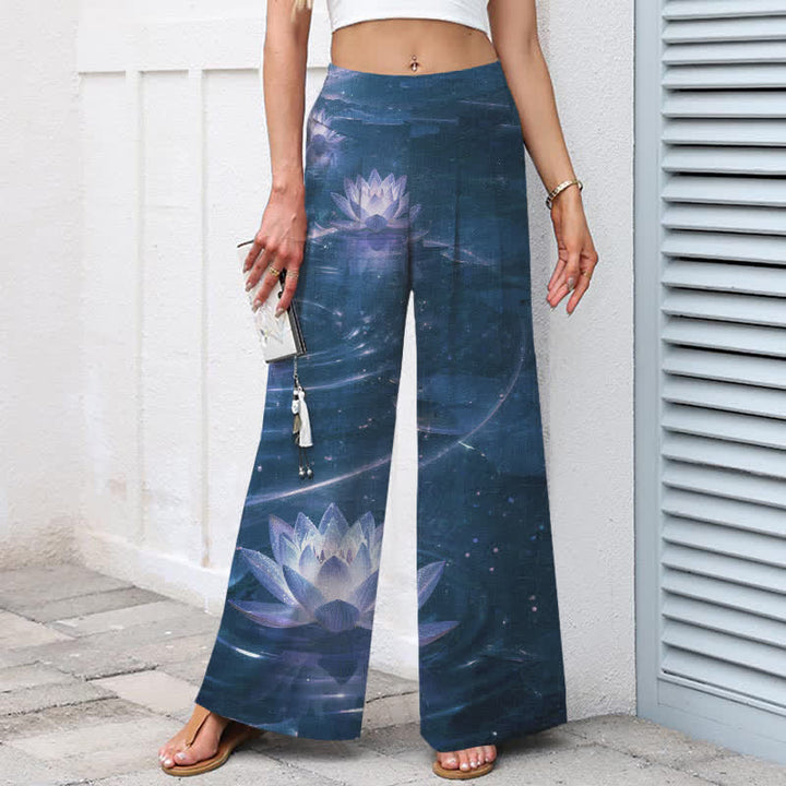 Buddha Stones Cotton Linen Lotus Galaxy Pattern Women's Elastic Waist Wide Leg Pants With Pockets - image 8