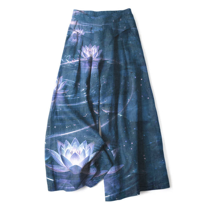 Buddha Stones Cotton Linen Lotus Galaxy Pattern Women's Elastic Waist Wide Leg Pants With Pockets - DarkBlue - US16，UK/AU20，EU48 (3XL) - image 7