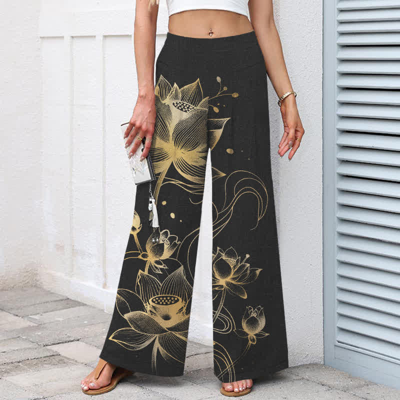 Buddha Stones Cotton Linen Golden Lotus Pattern Women's Elastic Waist Wide Leg Pants With Pockets - image 1
