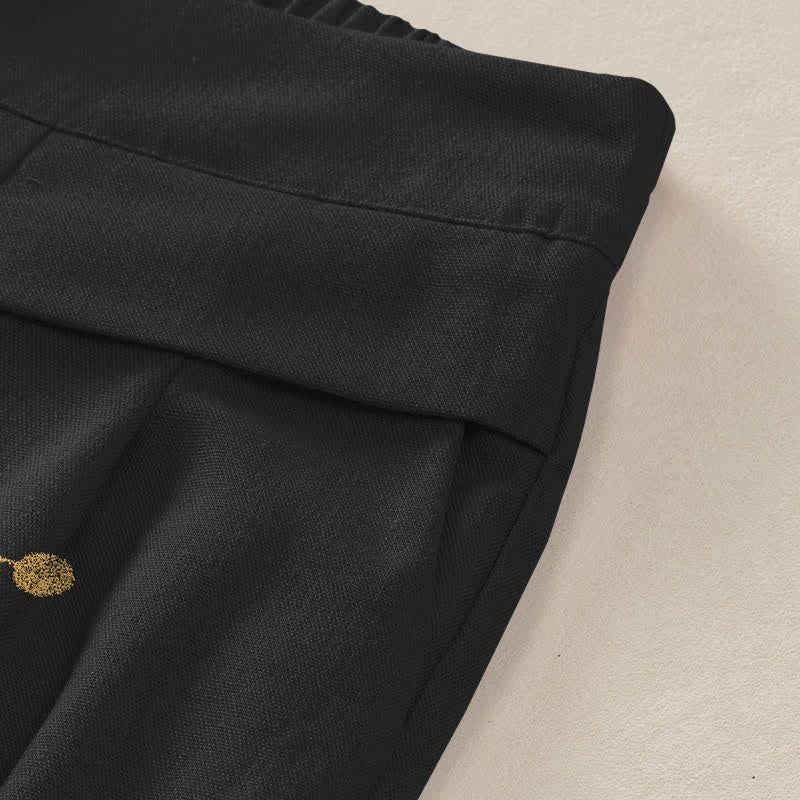 Buddha Stones Cotton Linen Golden Lotus Pattern Women's Elastic Waist Wide Leg Pants With Pockets - image 3