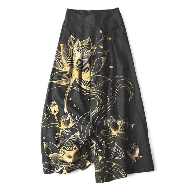 Buddha Stones Cotton Linen Golden Lotus Pattern Women's Elastic Waist Wide Leg Pants With Pockets - Black - US16，UK/AU20，EU48 (3XL) - image 0