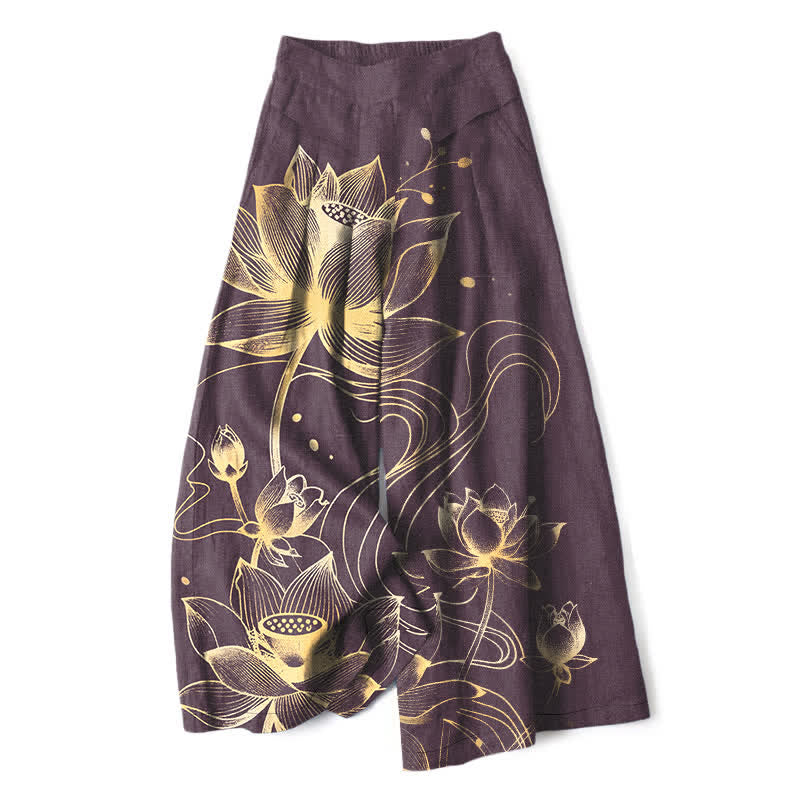 Buddha Stones Cotton Linen Golden Lotus Pattern Women's Elastic Waist Wide Leg Pants With Pockets - Purple - US16，UK/AU20，EU48 (3XL) - image 5