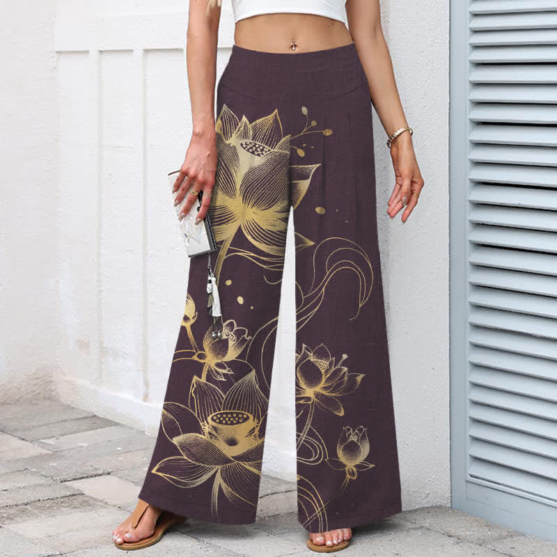 Buddha Stones Cotton Linen Golden Lotus Pattern Women's Elastic Waist Wide Leg Pants With Pockets - image 6