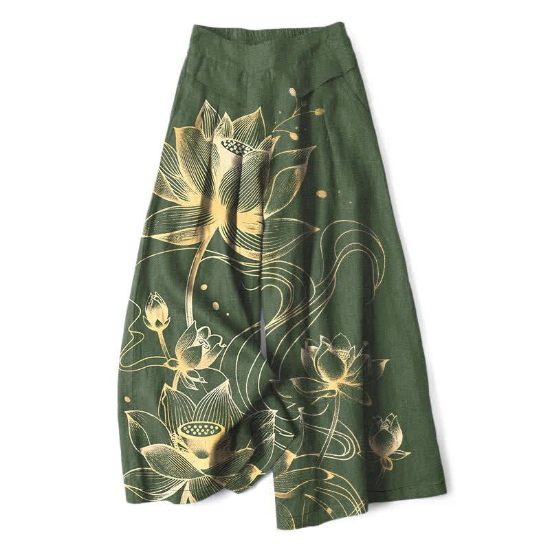 Buddha Stones Cotton Linen Golden Lotus Pattern Women's Elastic Waist Wide Leg Pants With Pockets - DarkOliveGreen - US16，UK/AU20，EU48 (3XL) - image 7