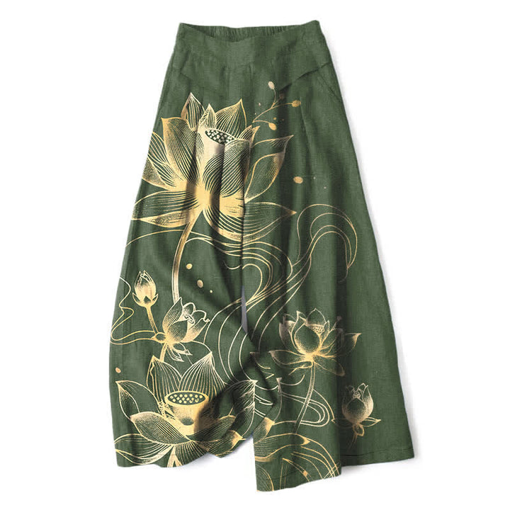 Buddha Stones Cotton Linen Golden Lotus Pattern Women's Elastic Waist Wide Leg Pants With Pockets - DarkOliveGreen - US16，UK/AU20，EU48 (3XL) - image 7