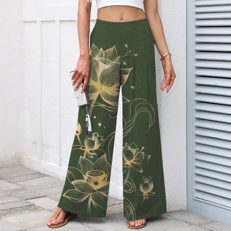 Buddha Stones Cotton Linen Golden Lotus Pattern Women's Elastic Waist Wide Leg Pants With Pockets - image 8