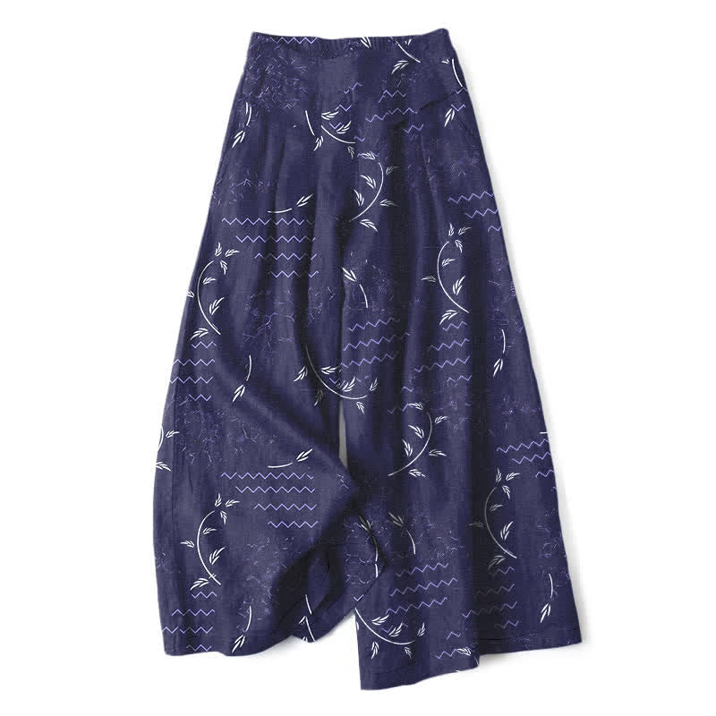 Buddha Stones Cotton Linen Botanical Wave Pattern Women's Elastic Waist Wide Leg Pants With Pockets - Navy - US16，UK/AU20，EU48 (3XL) - image 0