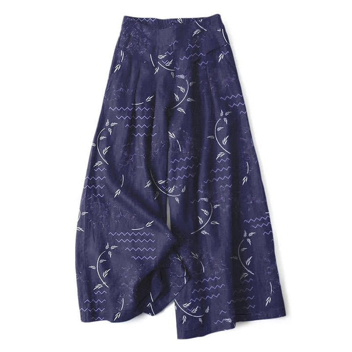 Buddha Stones Cotton Linen Botanical Wave Pattern Women's Elastic Waist Wide Leg Pants With Pockets - Navy - US16，UK/AU20，EU48 (3XL) - image 0
