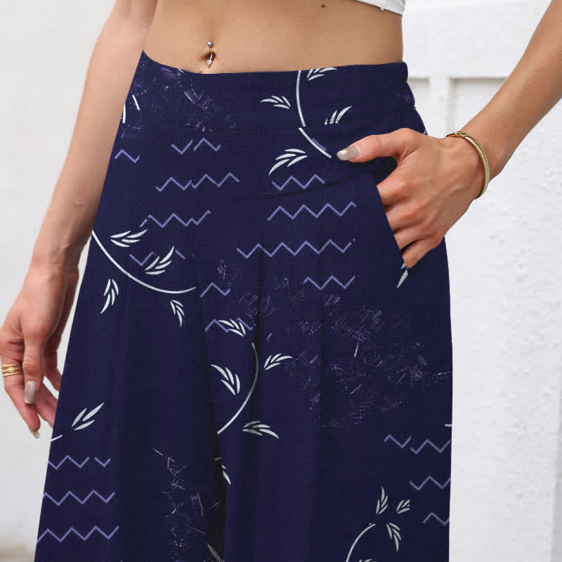 Buddha Stones Cotton Linen Botanical Wave Pattern Women's Elastic Waist Wide Leg Pants With Pockets - image 2