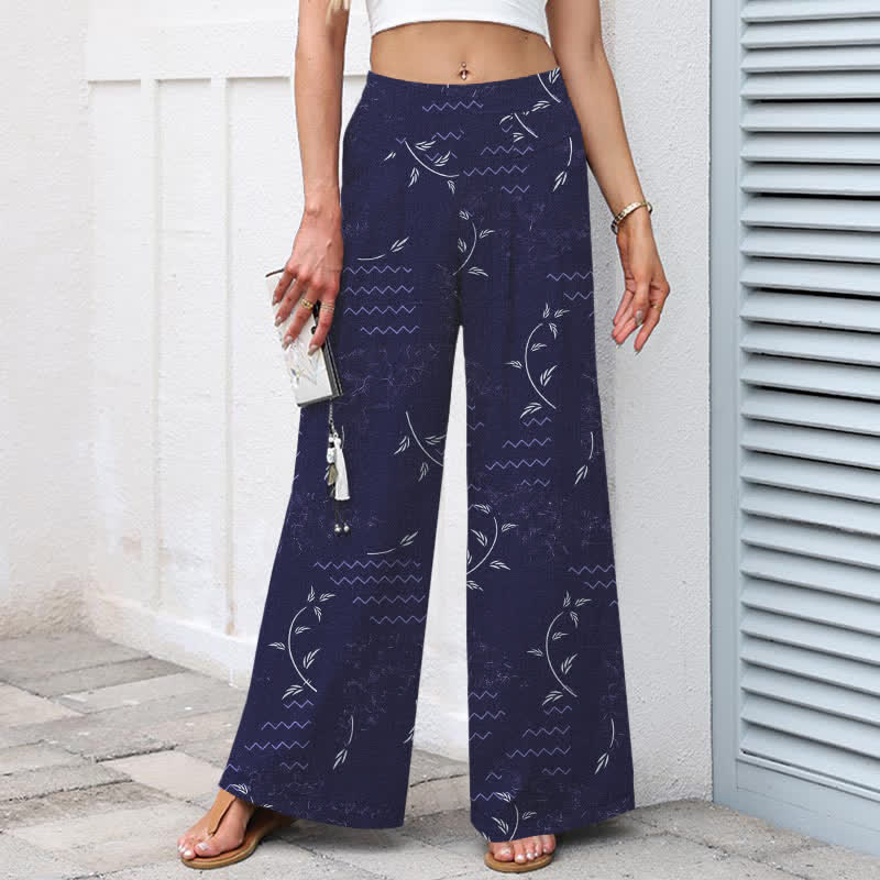 Buddha Stones Cotton Linen Botanical Wave Pattern Women's Elastic Waist Wide Leg Pants With Pockets - image 1