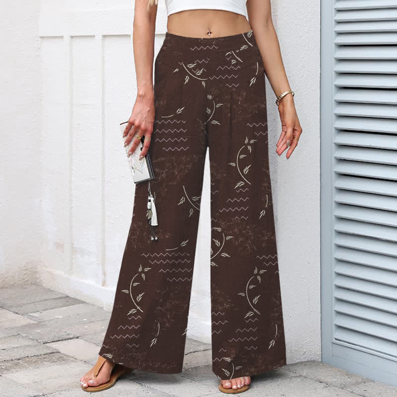 Buddha Stones Cotton Linen Botanical Wave Pattern Women's Elastic Waist Wide Leg Pants With Pockets - image 6