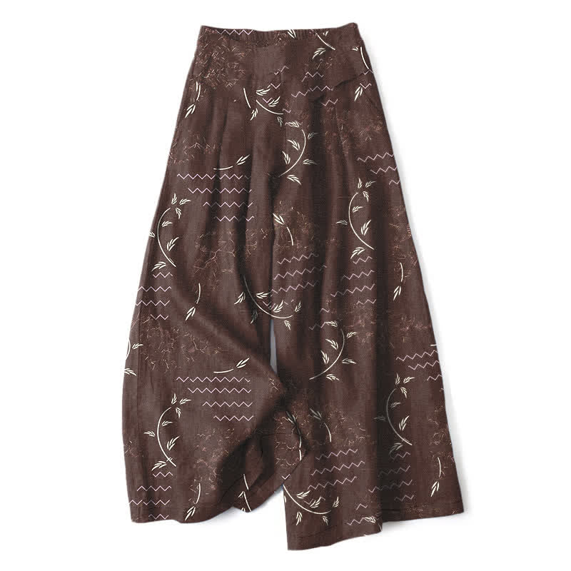Buddha Stones Cotton Linen Botanical Wave Pattern Women's Elastic Waist Wide Leg Pants With Pockets - SaddleBrown - US16，UK/AU20，EU48 (3XL) - image 5