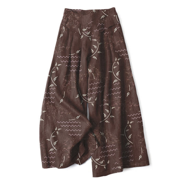 Buddha Stones Cotton Linen Botanical Wave Pattern Women's Elastic Waist Wide Leg Pants With Pockets - SaddleBrown - US16，UK/AU20，EU48 (3XL) - image 5