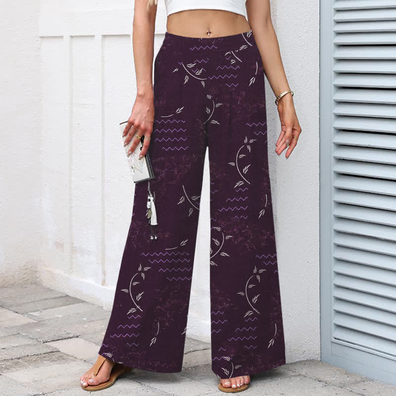 Buddha Stones Cotton Linen Botanical Wave Pattern Women's Elastic Waist Wide Leg Pants With Pockets - image 8