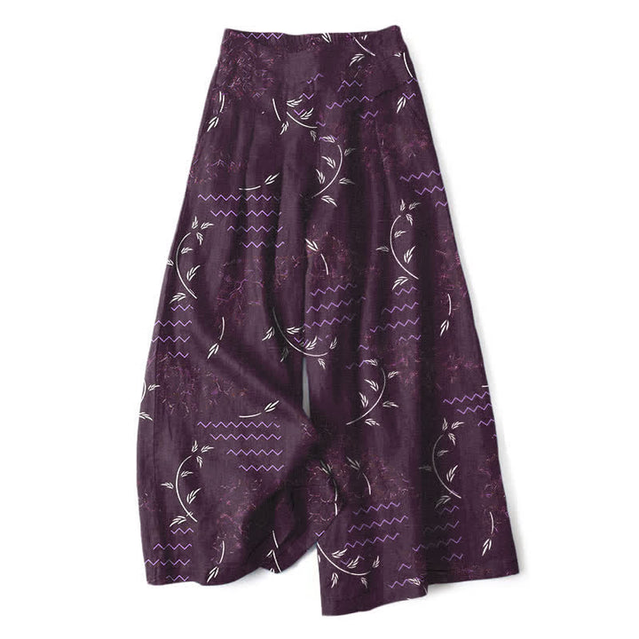 Buddha Stones Cotton Linen Botanical Wave Pattern Women's Elastic Waist Wide Leg Pants With Pockets - Purple - US16，UK/AU20，EU48 (3XL) - image 7