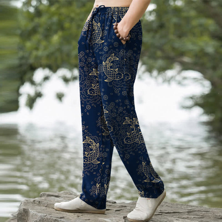 Buddha Stones Cotton Golden Koi Fish Floral Pattern Men's Tapered Pants With Pockets - image 7