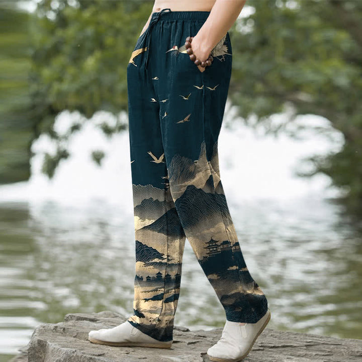 Buddha Stones Cotton Mountain Temple Bird Pattern Men's Tapered Pants With Pockets - image 1