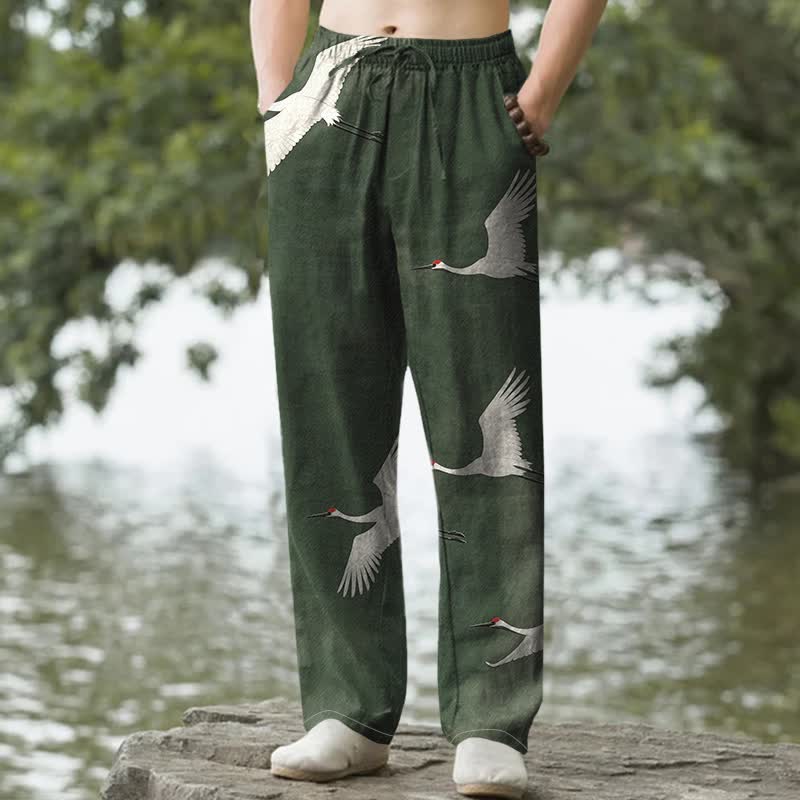Buddha Stones Cotton White Flying Crane Pattern Men's Tapered Pants With Pockets - ForestGreen - US/UK/AU50，EU60 (5XL) - image 0