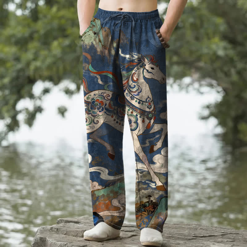 Buddha Stones Cotton Vintage Colorful Horse Galloping Pattern Men's Tapered Pants With Pockets - Navy - US/UK/AU50，EU60 (5XL) - image 0