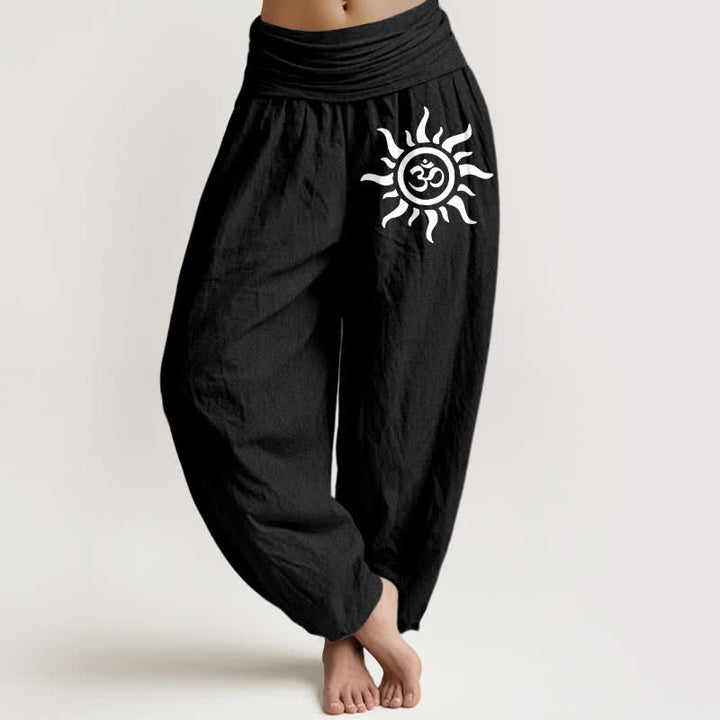 Buddha Stones Pure Cotton Sun Om Pattern Women's Elastic Waist Harem Pants - Black - US16，UK/AU20，EU48 (3XL) - image 0